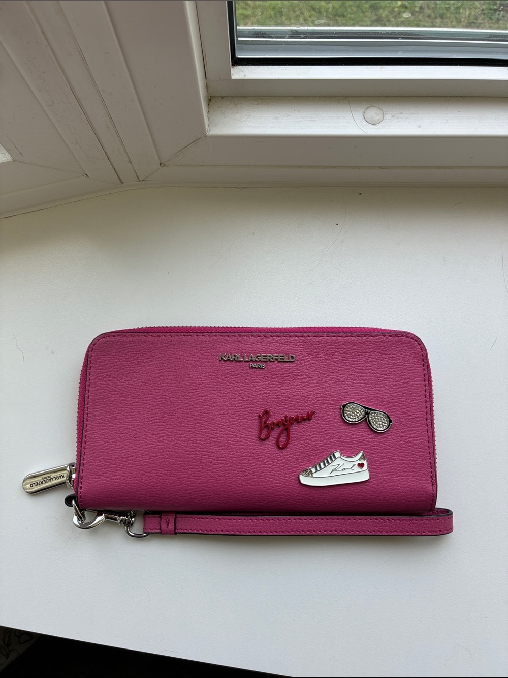 Karl Lagerfeld Paris Pink Zip-Around Wallet with Fun Accessory Pins